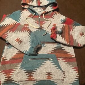 Women’s Aztec Pullover Sweater - Teal, Red, and Brown Pattern